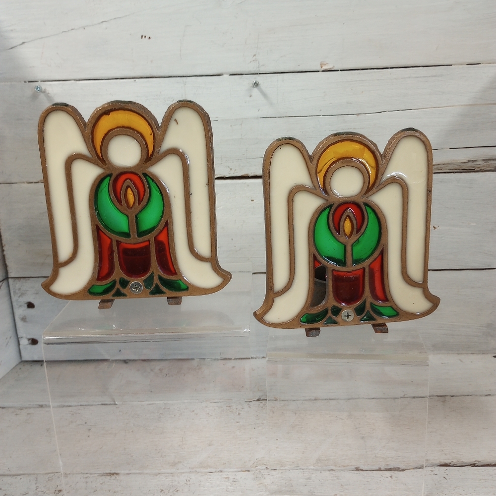 Vintage Cast Iron Stained Glass Christmas Angel Tea Light Candle Holders Set 2